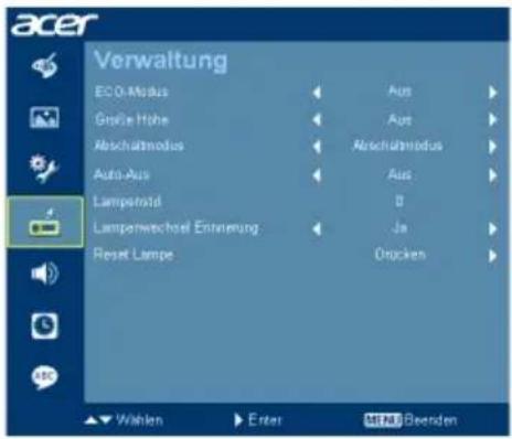 acer Verwaltung ECO Modus Gross Höhe Abschäftmodus Auto-Aus Lampetrolid Lampenwechsel Entstierung Reset Lampe Aus Aus Abschäftmodus Aus B Ja Drücken Wahlen Enter MAB Beenden