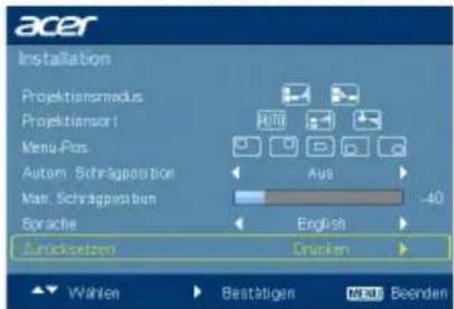acer Installation Projektionsmodus Projektionsort Menu-Pos Autom Schragposition Man. Schragposition Borache AutoSetzen Aus 40 English Snacken Wahlen Bestätigen Best Beenden