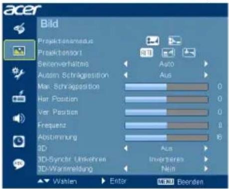Bild Proaktionsmeus Proaktionsort Seitenverhältnis Autom Schlagposition Man-Schlagposition Her Position Ver. Position Frequenz Abstimmung 3D 3D-Synchr. Unkehrens 3D-Warmendung Auto Aus 0 0 0 0 6 Aus Inverterien Nein Wahlen Enter MENI Beenden