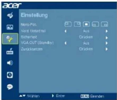 acer Einstellung Metro-Pos Verd Untermittel Sicherheit VGA OUT (Standby) Zurücksetzen Aus Drücken Aus Drücken Wahlen Enter MENU Beenden