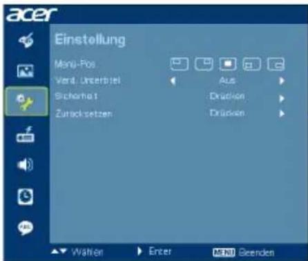 acer Einstellung Menu-Pos Verd. Untertitel Sicherheit Zurücksetzen Aus Drücken Drücken Wählen Enter MNI Bleenden