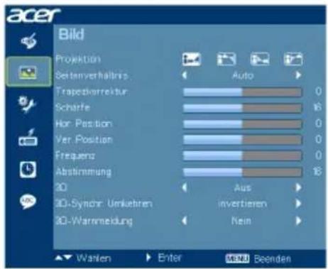 Bild Projection Settenverhältnis Trapechterrektur Scharfe Hor-Position Ver-Position Frequenz Abstimmung 2D 3D-Synor: Umleihren 3D-Warmendung Auto 0 16 0 0 0 16 Aus invertieren Nein Wanten Enter MENI Beenden