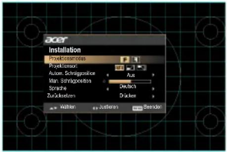 acer Installation Provektionsmodus Provektionsort Autom. Schrägposition Man. Schrägposition Sorrahe Zurücksetzen Aus Deutsch Drücken Wahlen Justieren Beenden