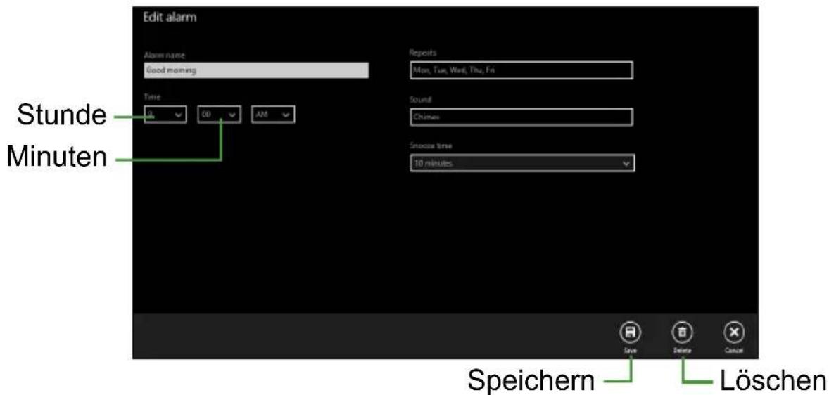 Edit alarm Alarm name: Good morning Stunde Minuten Repeats Mon, Tue, Wed, Thu, Fri Sound: Chimes Squeeze time: 10 minutes Speichern Löschen
