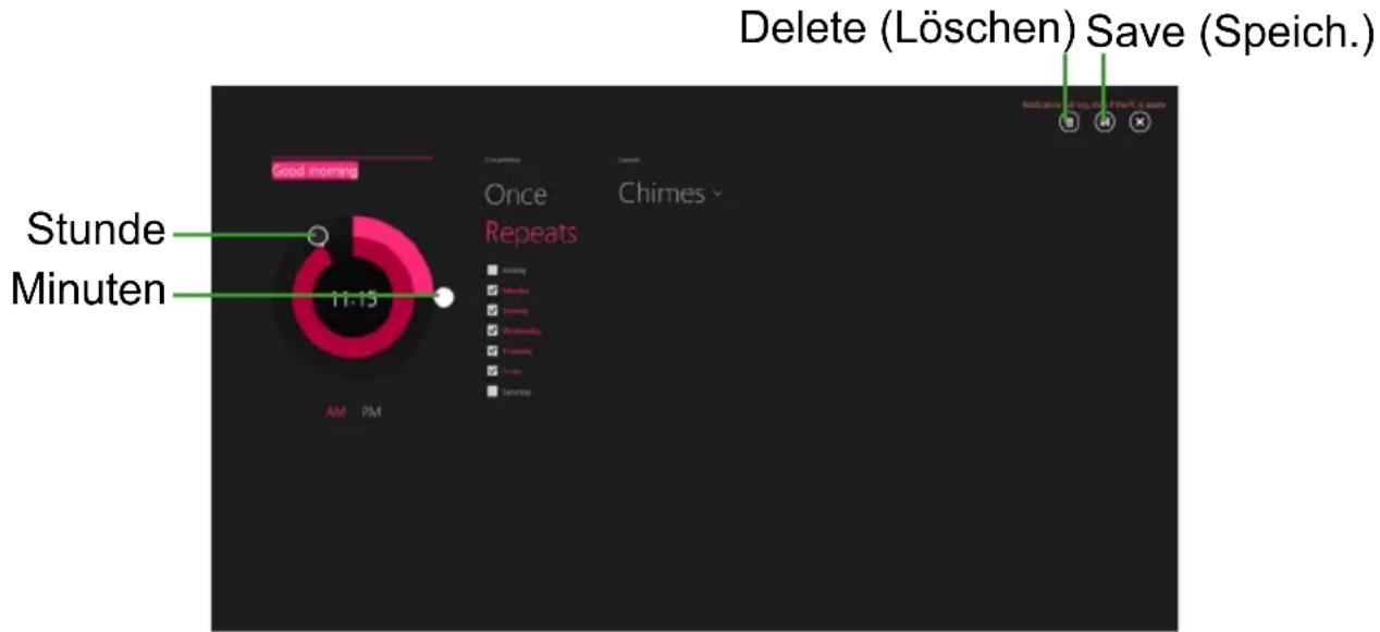 Delete (Löschen) Save (Speich.) Good morning Stunde Minuten 11:15 AM PM Discretionary Once Repeats Chimes ■ Early ■ Midday ■ Late ■ Evening ■ Evening ■ Spring ■ Sun ■ Summer ■ Late ■ Evening