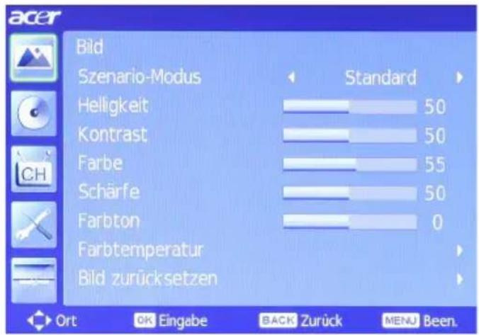 acer Bild Szenario-Modus Standard Helligkeit 50 Kontrast 50 Farbe 55 Schärfe 50 Farbton 0 Farbtemperatur Bild zurücksetzen Ort OK Eingabe BACK Zurück MENU Been.