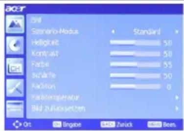 ACER BML Scenario-Modus Helligkeit Kontrast Farbe Suzifikte Farbren Forder temperature Bild zürksverzern Standard 50 50 53 50 0 Ort Engabe Zurück Bees.