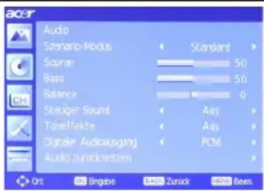 ACER Audio Scenario Modus Standard Soprano 50 Bass 50 Balance 0 Steiger Sound Airs Tüneffekte Airs Digital AudioAusgang PCM Audio zurechnetzen Ort Brings 30% Zurück 50% Bees.