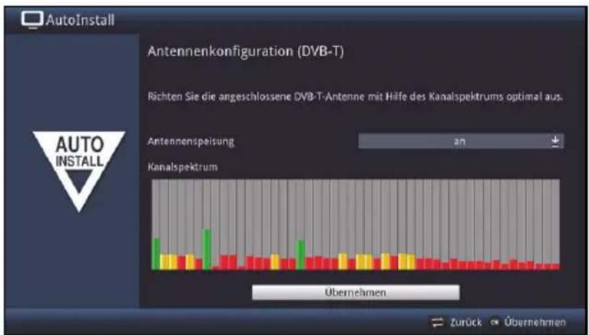 AutoInstall Antennenkonfiguration (DVB-T) Richten Sie die angeschlossene DVB-T-Antenne mit Hilfe des Kanalspektrums optimal aus. Antennenspeisung an Kanalspektrum Übernehmen Zurück Übernehmen