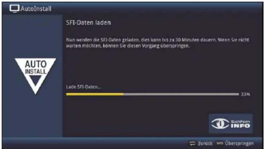 AutoInstall SFI-Daten laden Nun werden die SFI-Daten geladen, dies kann bis zu 30 Minuten dauern. Wenn Sie nicht warten möchten, können Sie diesen Vorgang überspringen. Lade SFI-Daten... 33% Siefform INFO Zurück INFO Überspringen