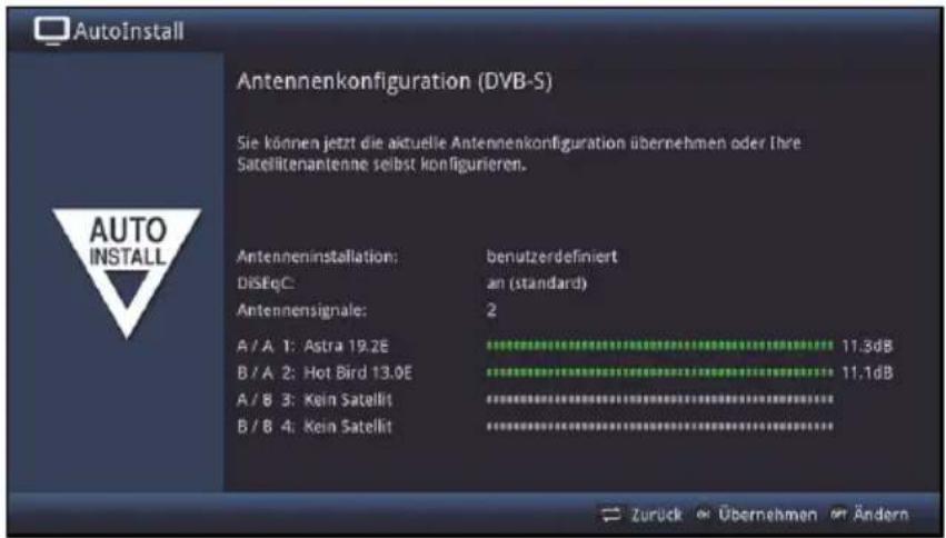 AutoInstall Antennenkonfiguration (DVB-S) Sie können jetzt die aktuelle Antennenkonfiguration übernehmen oder Ihre Satellitenantenne selbst konfigurieren. Antenneninstallation: benutzerdefiniert DiSEqC: an (standard) Antennensignale: 2 A / A 1: Astra 19.2E 11.3dB B / A 2: Hot Bird 13.0E 11.1dB A / B 3: Kein Satellit B / B 4: Kein Satellit