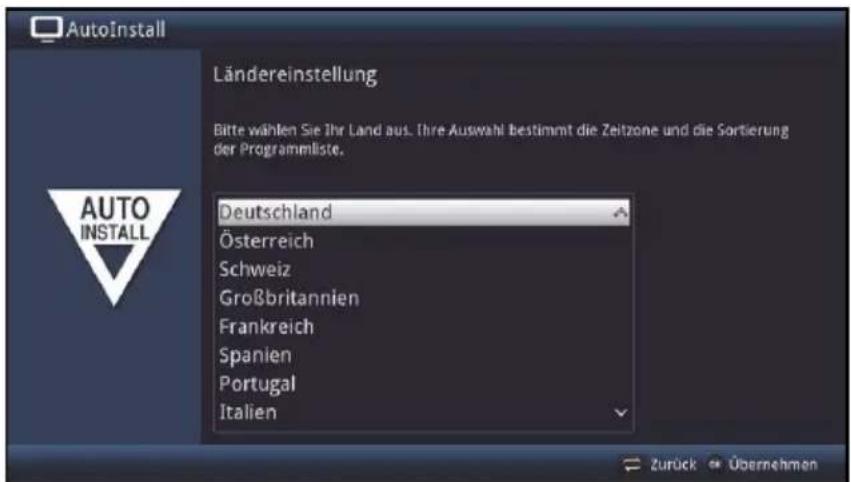 AutoInstall Ländereinstellung Bitte wählen Sie Ihr Land aus. Ihre Auswahl bestimmt die Zeitzone und die Sortierung der Programmiliste. Deutschland Österreich Schweiz Großbritannien Frankreich Spanien Portugal Italien zurück > Übernehmen