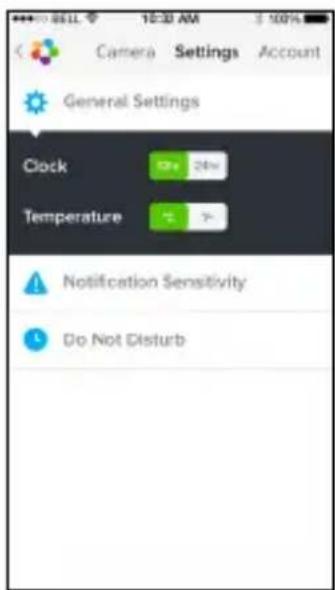 Camera Settings Account General Settings Clock 24h Temperature Notification Sensitivity Do Not Disturb