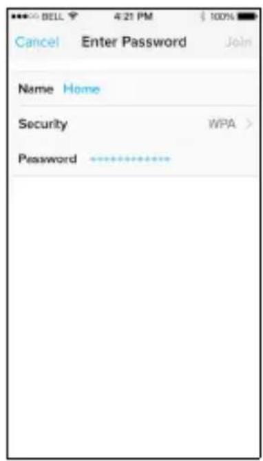 BELL 4:21 PM $ 100% Cancel Enter Password Join Name Home Security WPA > Password ********