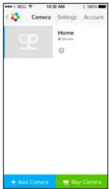 BELL 10:32 AM 100% Camera Settings Account Home • Online + Add Camera Buy Camera