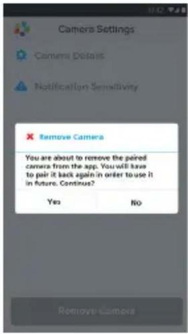 Camera Settings Camera Details Notification Sensitivity Remove Camera You are about to remove the paired camera from the app. You will have to pair it back again in order to use it in future. Continue? Yes No Remove Camera