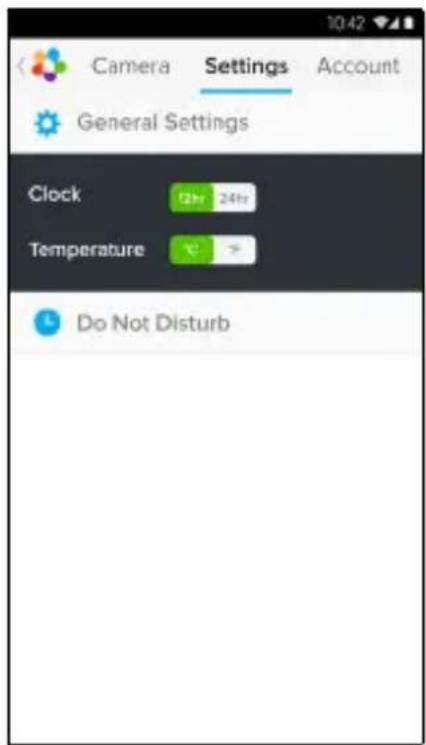Camera Settings Account General Settings Clock 12hr 24hr Temperature Do Not Disturb