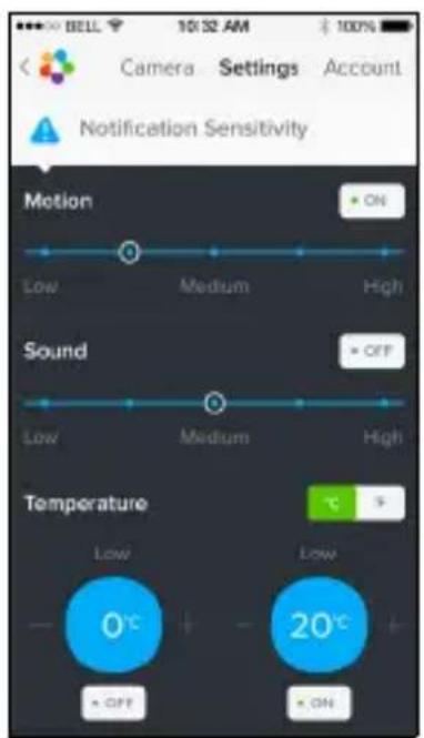 BELL 10:32 AM Camera Settings Account Notification Sensitivity Motion ON Low Medium High Sound OFF Low Medium High Temperature LOW Low - 0°C + - 20°C + OFF ON