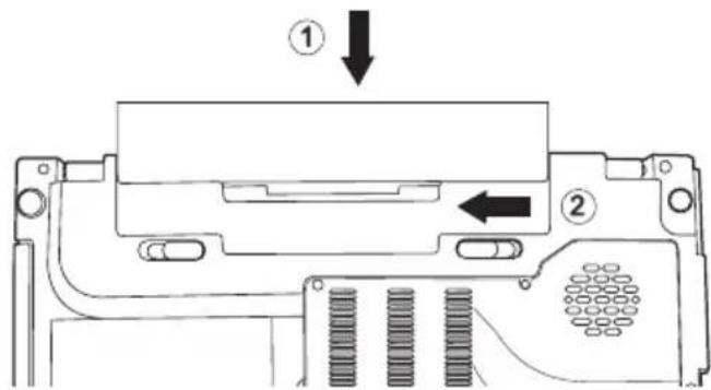 Technical diagram of a computer RAM module with labeled components and directional arrows indicating assembly or movement.