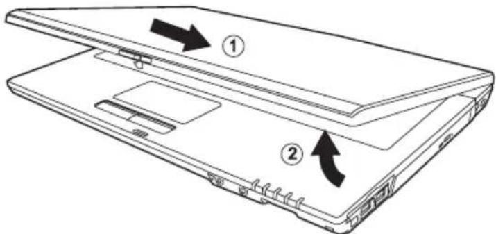 Diagram of a laptop with labeled parts and directional arrows indicating movement or change.