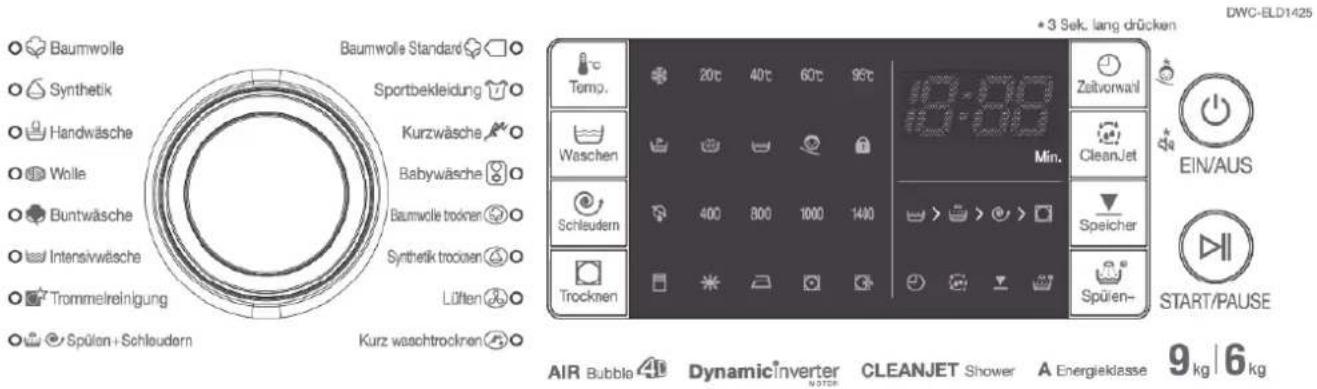 Baumwolle Synthetik Handwäsche Wolle Buntwäsche Intensivwäsche Trommelreinigung Spülen + Schleudern Baumwolle Standard Sportbekleidung Kurzwäsche Babywäsche Baumwolle trokner Synthetik trokner Lüften Kurz waschtrocknen Temp. 20°C 40°C 60°C 95°C 18:88 Min. Zeitvorwäril CleanJet Speicher Spülen- EIN/AUS START/PAUSE AIR Bubble 40 Dynamicinverter NOTER CLEANJET Shower A Energieklasse 9 kg | 6 kg