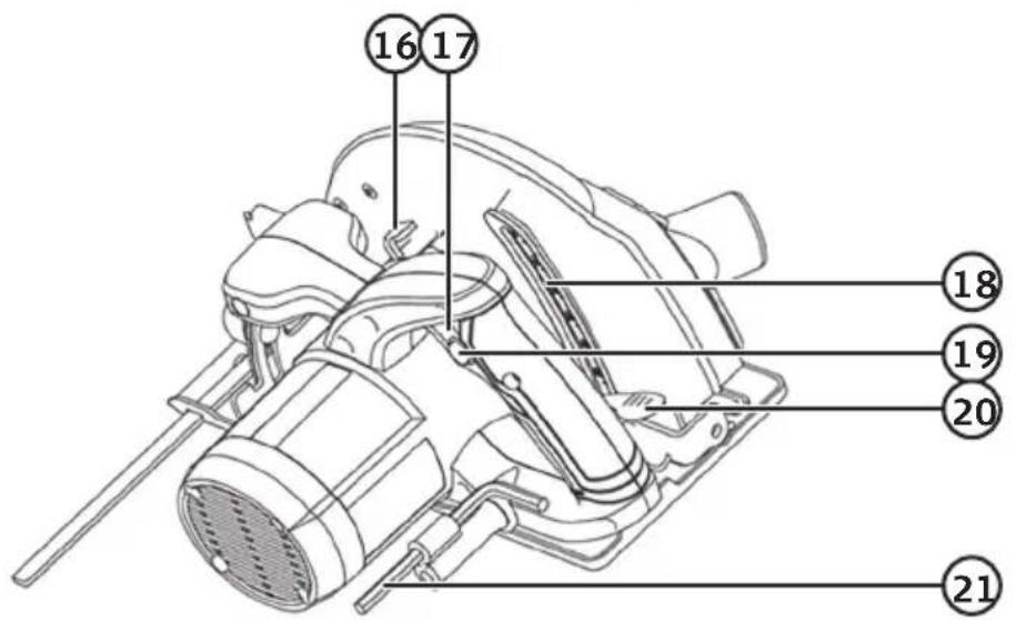 Technical diagram of a mechanical device with numbered parts labeled 16, 17, 18, 19, 20, and 21.
