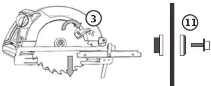 Technical diagram showing a mechanical device with labeled parts and a close-up view of a component labeled 11.