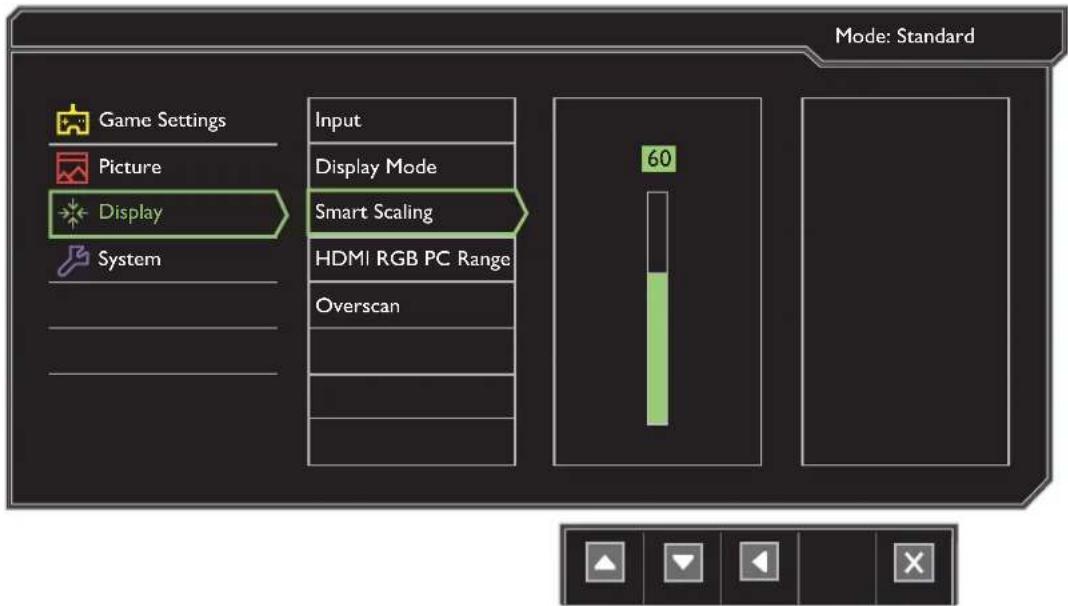 Game Settings Picture Display System Input Display Mode Smart Scaling HDMI RGB PC Range Overscan 60 Mode: Standard