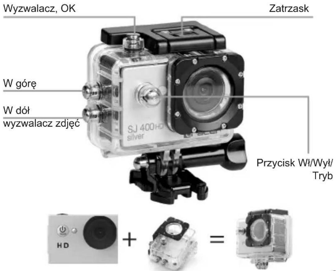 Wyzwalacz, OK Zatrzask W góre W dół wyzwalacz zdjęć SJ 400HD silver Przycisk Wł/Wył/ Tryb + = HD