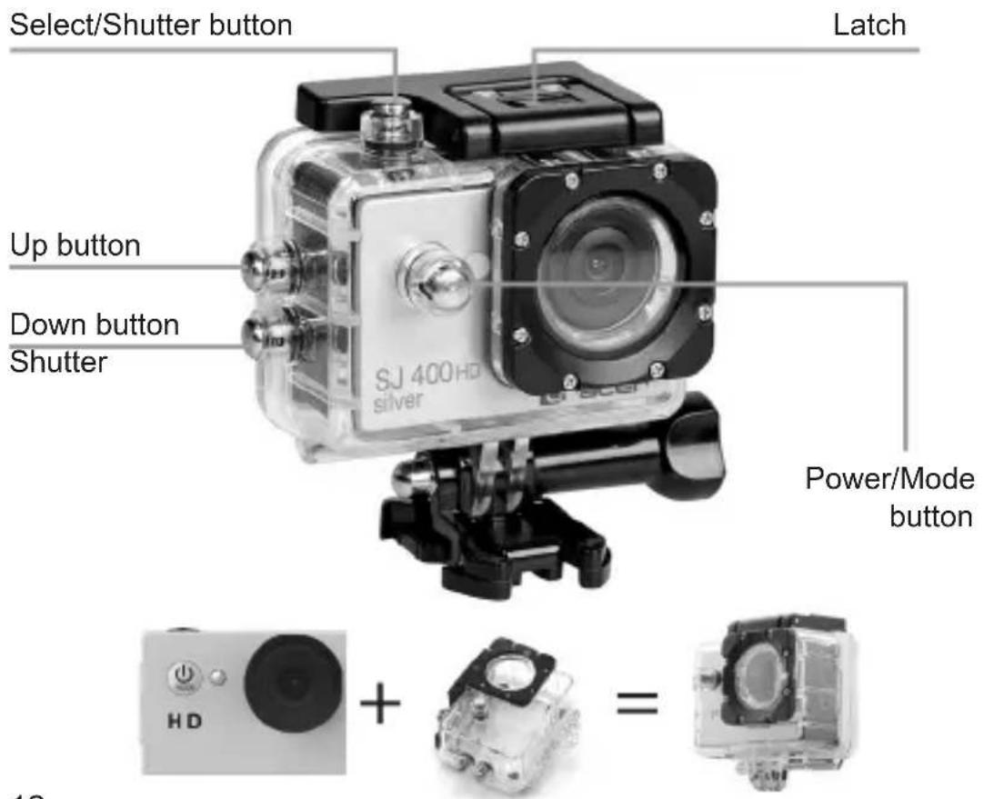 Select/Shutter button Latch Up button Down button Shutter SJ 400HD silver Power/Mode button HD + = 12