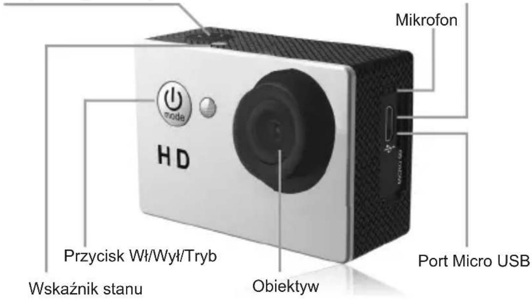 Mikrofon Przycisk Wł/Wył/Tryb Wskaznik stanu Obiektyw Port Micro USB