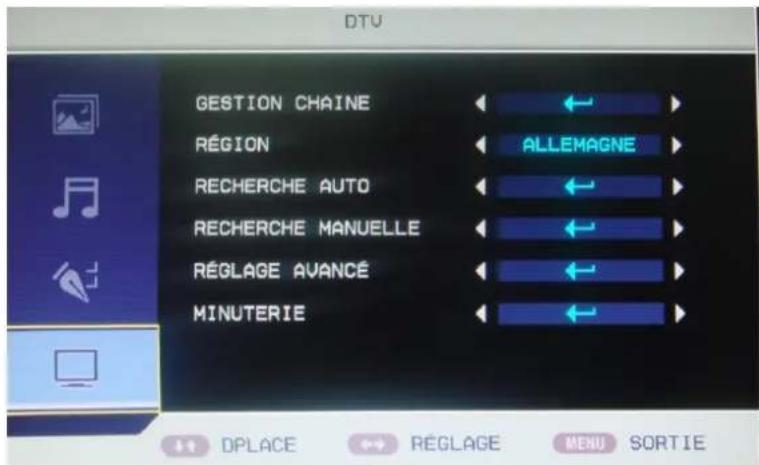 DTU GESTION CHAINE RÉGION ALLEMAGNE RECHERCHE AUTO RECHERCHE MANUELLE RÉGLAGE AVANCÉ MINUTERIE DPLACE RéGLAGE MENU SORTIE