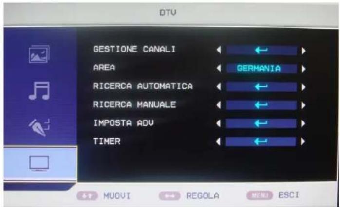 DTV GESTIONE CANALI AREA RICERCA AUTOMATICA RICERCA MANUALE IMPOSTA ADU TIMER GEMANIA TU MUOVI REGOLA ESCI