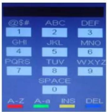 @$# 1 GHI 4 PQRS 7 SPACE 0 ABC 2 JKL 5 TUV 8 DEF 3 MNO 6 WXYZ 9 A-Z A-a INS DEL