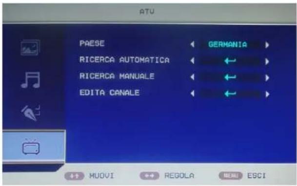 ATV PAESE RICERCA AUTOMATICA RICERCA MANUALE EDITA CANALE GERMANIA MUOVI REGOLA MENU ESCI