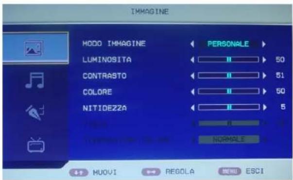 IMMAGINE MODO IMMAGINE LUMINOSITA CONTRASTO COLORE NITIDEZZA PERSONALE 50 51 50 5 NORMALE MUOVI REGOLA MENU ESCI