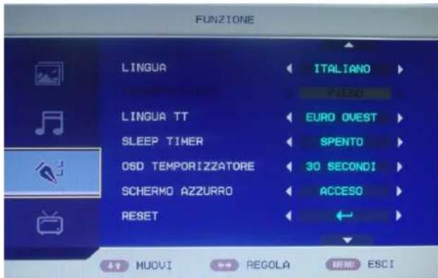FUNZIONE LINGUA ITALIANO LIENIO LINGUA TT EURO OVEST SLEEP TIMER SPENTO OSD TEMPORIZZATORE 30 SECONDI SCHERMO AZZURRO ACCESSO RESET 41 MUOVI REGOLA MENU ESCI