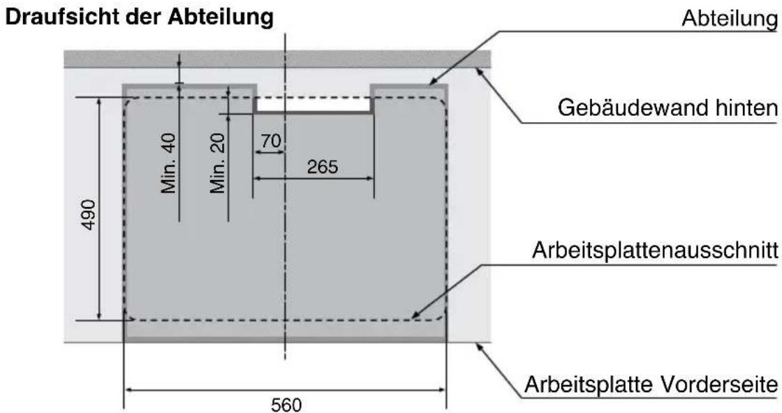 Draufsicht der Abteilung Abteilung Gebäudewand hinten 490 Min. 40 Min. 20 70 265 Arbeitsplattenausschnitt 560 Arbeitsplatte Vorderseite