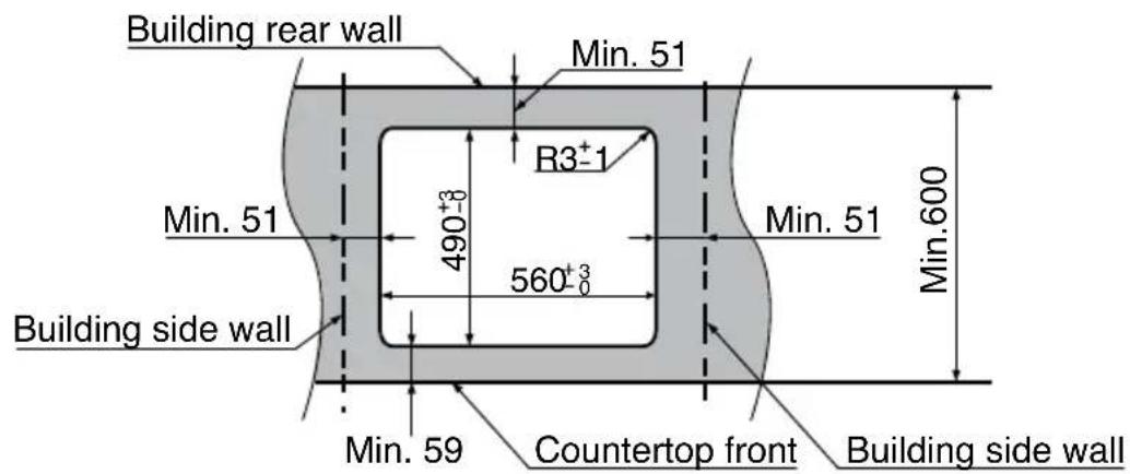 Building rear wall Min. 51 R3⁺-1 490⁺⁸ 560⁺³₀ Building side wall Min. 51 Min. 59 Countertop front Building side wall Min. 600