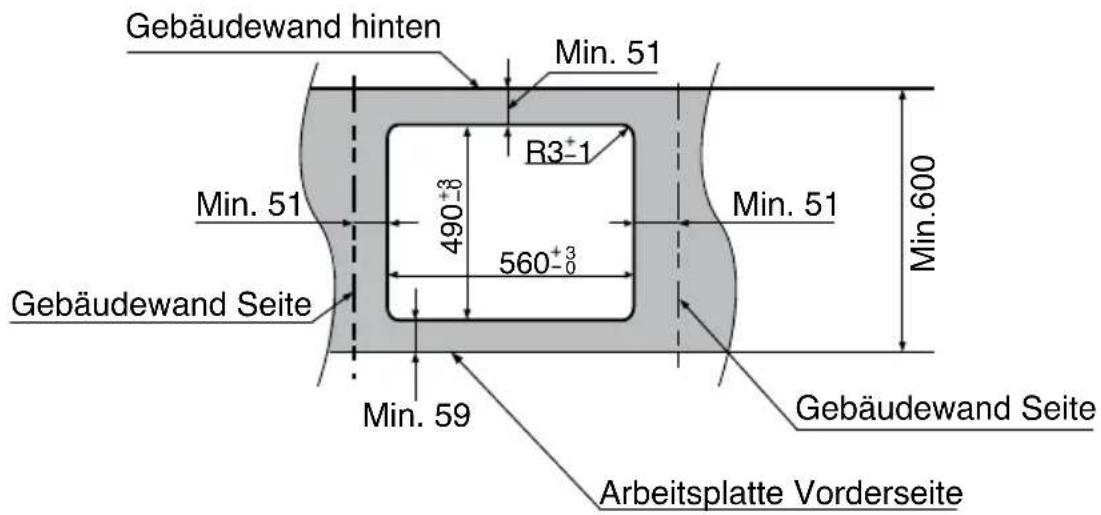 Gebäudewand hinten Min. 51 R3⁺-1 Min. 51 490⁺³₋₀ 560⁺³₋₀ Min. 51 Min. 600 Gebäudewand Seite Gebäudewand Seite Min. 59 Arbeitsplatte Vorderseite