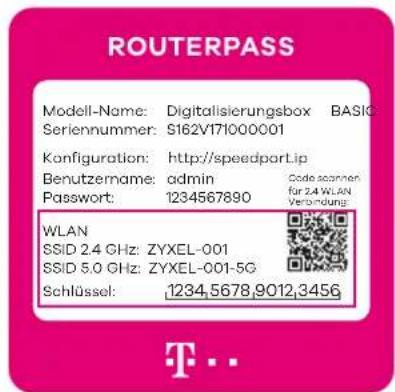 ROUTERPASS Modell-Name: Digitalisierungsbox BASIC Seriennummer: S162V171000001 Konfiguration: http://speedpartLip Benutzername: admin Code specimen Password: 1234567890 for 2.4 WLAN Verbindung: WLAN SSID 2.4 GHz: ZYXEL-001 SSID 5.0 GHz: ZYXEL-001-5G Schlüssel: 1234,5678,9012,3456
