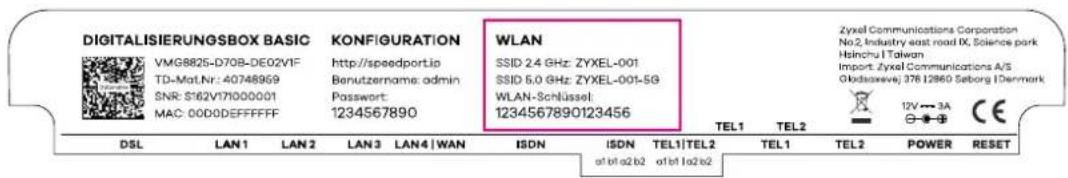 DIGITALISIERUNGSBOX BASIC VMG8825-D70B-DE02VIF TD-Mat.Nr: 40748969 SNR: S162V17000001 MAC: 00D0DEFFFFF KONFIGURATION http://speedportio Benutzernome: admin Password: 1234567890 WLAN SSID 2.4 GHz: ZYXEL-001 SSID 5.0 GHz: ZYXEL-001-5G WLAN-Schnüssel 1234567890123456 Zyxcel Communications Corporation No.2, Industry east road IX, Science park Hsinchu Taiwan Import: Zyxcel Communications A/S Oklodassavej: 378 12860 Seborg | Denmark TEL1 TEL2 DSL LAN1 LAN2 LAN3 LAN4 | WAN ISDN ISDN TEL1|TEL2 TEL1 TEL2 POWER RESET a1b1a2b2 a1b1a2b2