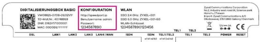DIGITALISIERUNGSBOX BASIC VM08825-D70B-DE02VIF TD-Mat.Nr.: 40748959 SNR: S162V171000001 MAC: 00DDDEFFFFFFF KONFIGURATION http://speedportLip Benutzername: admin Passwort: 1234567890 WLAN SSID 2.4 GHz: ZYXEL-001 SSID 5.0 GHz: ZYXEL-001-50 WLAN-Schlüssel: 1234567890123456 Zyxel Communications Corporation No.2, Industry east road IX, Science park Hsinchu | Taiwan Import: Zyxel Communications A/S Gladzawevj 378 12860 Seborg | Denmark TEL1 TEL2 12V mm 3A CE DSL LAN1 LAN2 LAN3 LAN4 | WAN ISDN ISDN TEL1|TEL2 TEL1 TEL2 POWER RESET a1b1a2b2 a1b1a2b2