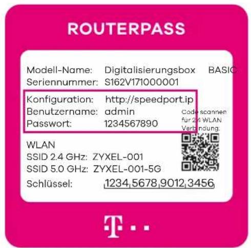 ROUTERPASS Modell-Name: Digitalisierungsbox BASIC Seriennummer: S162V171000001 Konfiguration: http://speedport.ip Benutzername: admin Code: scannen Password: 1234567890 für 24 WLAN Verbindung. WLAN SSID 2.4 GHz: ZYXEL-001 SSID 5.0 GHz: ZYXEL-001-5G Schlüssel: 1234,5678,9012,3456