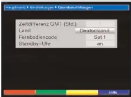 Hauptfremz | Einstellungen | Grandeinstellungen Zeildifferenz GMT (Std.) Land Deutschland Fernbediencode Sat 1 Standby-Uhr an