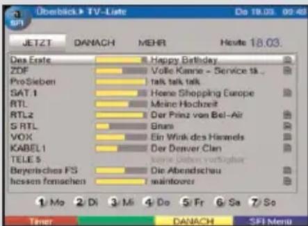 Überblick TV-Liste Do 18.03. 09:43 SP1 JETZT DANACH MEHR Heute 18.03. Des Erste Happy Birthday ZDF Volle Kanre - Service tä... ProSieben talk talk talk SAT 1 Home Shopping Europe RTL Meine Hochzeit RTLz Der Prinz von Bel-Air S RTL Bann VOX Ein Wink des Harnels KABEL1 Der Denver Clan TELE 5 keine Uden verfügbar Beyersches FS Die Abendschau hessen fremischen maintorer 1 Mo 2 Di 3 Mi 4 Do Fri Sa So Timer DANACH SFI Menu