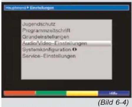 Hauptmonä Einstellungen Jugendschutz Programmzeitschrift Grundeinstellungen Audio/Video-Einstellungen Systemkonfiguration Service-Einstellungen (Bild 6-4)