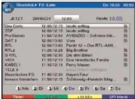 Überblick ▶ TV-Liste Do 18.03 00:50 SFI JETZT DANACH 12:00 Heute 18.03. Das Erste 12:00/12:15 heute writing ZDF 12:00/12:15 heute writing ProSieben 11:54/12:50 AVENZIO - Schoner Job... SAT.1 12:00/13:00 Vora RTL 12:00/13:00 Parkt 12 - Das RTL-Mitt... RTL2 11:25/12:25 Big Brother S RTL 12:00/12:30 Die drei Bären VOX 11:15/12:10 Eine hämische Familie KABEL1 11:16/12:19 Perry Mason TELE 5 United States Bayerisches FS 11:45/12:30 Bayern Tour Nesson fenschen 11:50/12:15 Schleswig-Holstein Mag... 1 Mo 2 Dt 3 Mi 4 Do 5 Fr 6 Se 7 So Timer 55 Min +10 Min SFI Merit