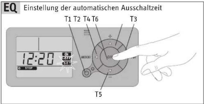 EQ Einstellung der automatischen Ausschaltzeit T1 T2 T4 T6 T3 12:20 ON OFF SET STOP HEDDOS 108 T5