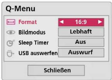Q-Menu Format 16:9 Bildmodus Lebhaft Sleep Timer Aus USB auswerfen Auswurf Schließen